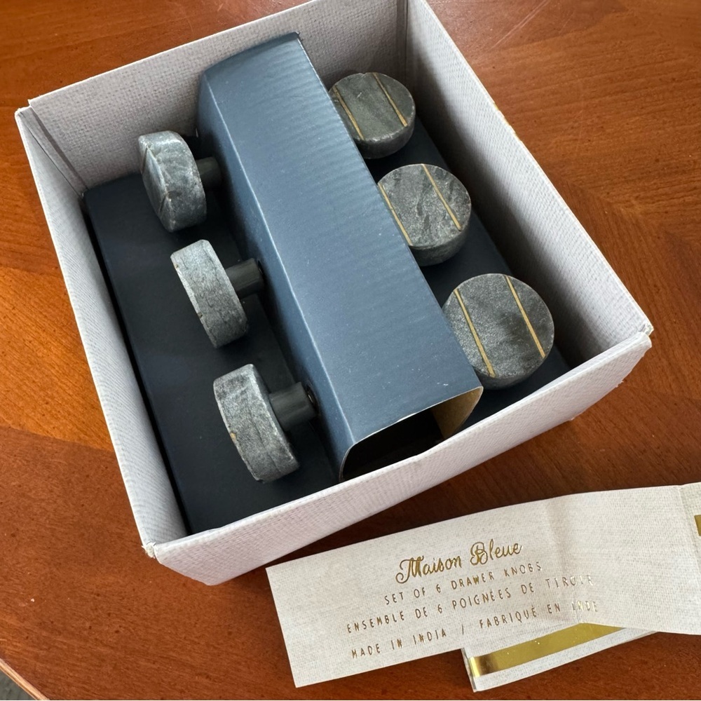 6 Marble Brass Drawer Knobs Gray Modern Set NWT